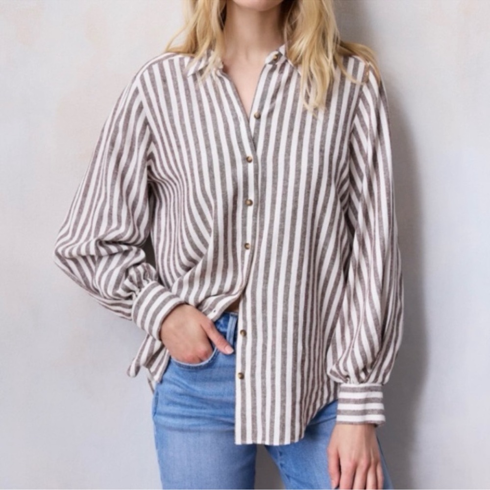 LC Lauren Conrad Striped Linen Blend Button-Down Shirt - Cream and Brown